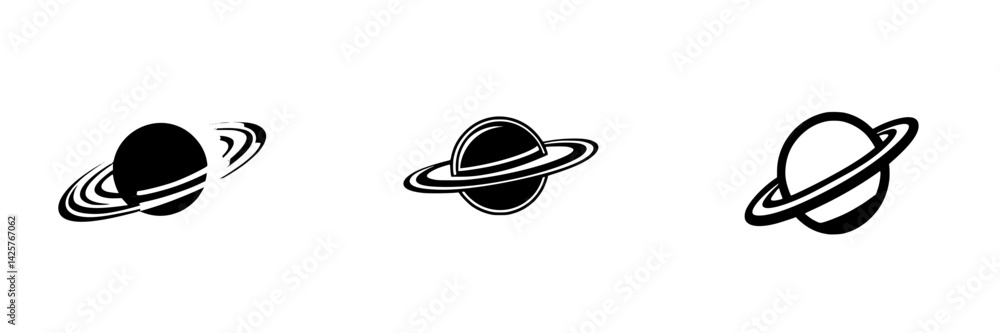 Aufkleber set of three black icons representing saturn with different styles and designs for graphic use
