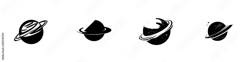 Poster black set of planet icons representing various celestial bodies in a minimalist design for potential
