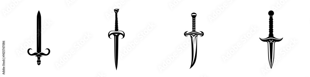 Poster set of black icon swords featuring various designs and styles suitable for graphic applications and 