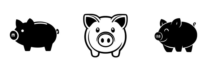 Black and white pig icons representing different styles and shapes for use in various graphic designs and digital applications
