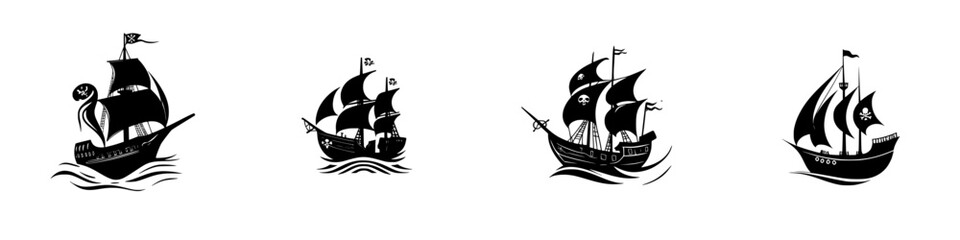 Set of black ship icons featuring pirate themes with varying sails and flags for nautical design projects