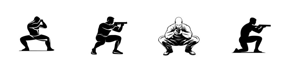 Fototapeta premium Dynamic black icon showcasing various shooting stances for tactical training and firearm practice