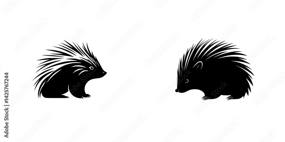 Poster set of black icons depicting two distinct styles of porcupines with prominent quills in a minimalist