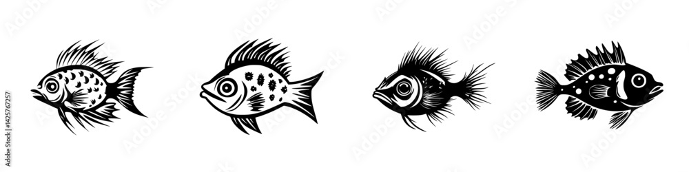 Poster stylized black fish icons with intricate patterns and unique features for design applications