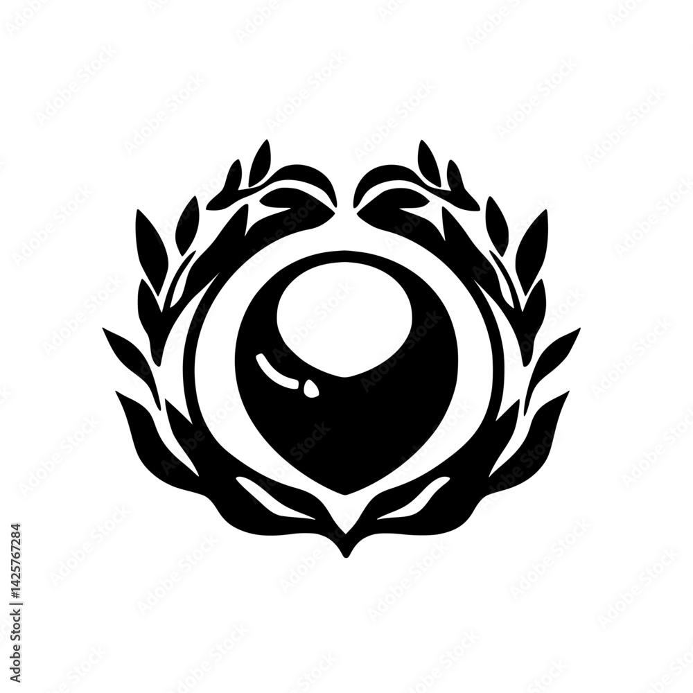 Poster bold black icon featuring an abstract design with a central orb and surrounding laurel leaves
