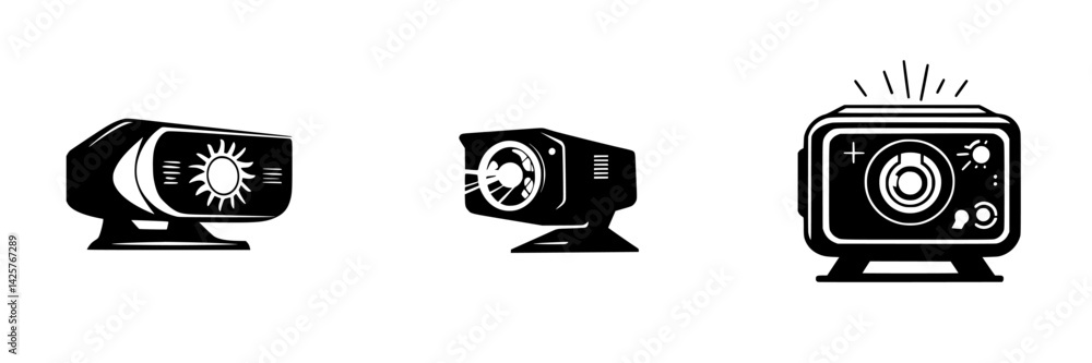 Poster black icons of projectors showcasing three different styles and designs for use in digital presentat