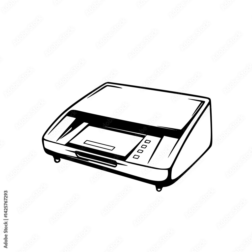 Poster black icon of a scanner showcasing its sleek design and control panel features for document processi