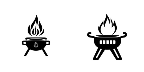 Black icon design featuring two distinct cooking grills with flames, suitable for culinary themes and illustrations