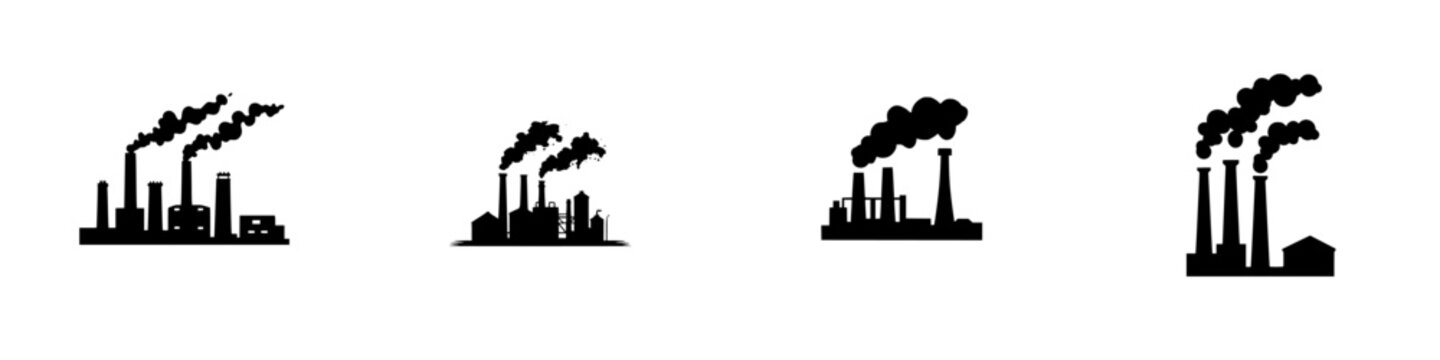 Various black industrial icons depicting factories with smokestacks and emissions during daylight hours