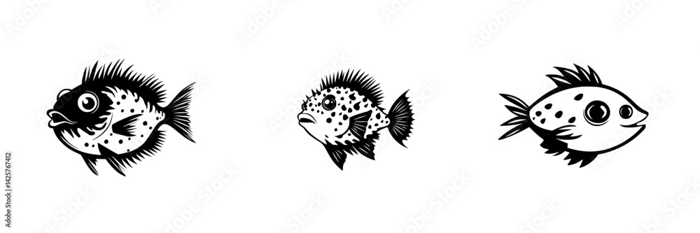 Aufkleber black icon set of three distinct fish designs showcasing unique features and styles for creative use
