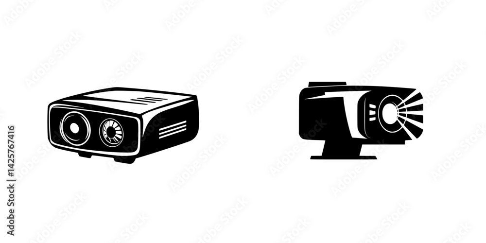 Poster set of black projector icons showcasing different designs for multimedia presentations and visual di