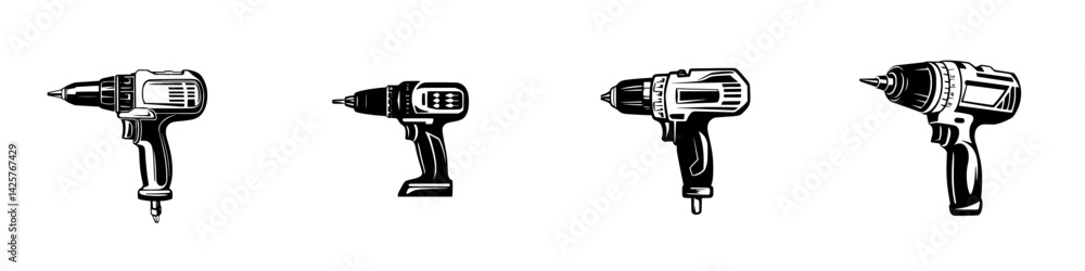 Poster set of black icons featuring various styles of electric drills in different designs and sizes for to