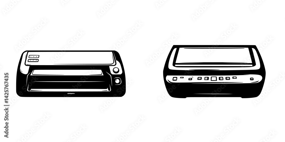 Poster set of black icons representing printing devices for digital use in various applications and designs