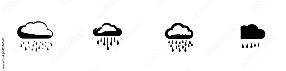 Poster black cloud icons depicting various rain patterns and styles ideal for weather-related designs or pr