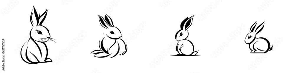Poster black icon set featuring different poses of rabbits in a simple and modern style, suitable for vario