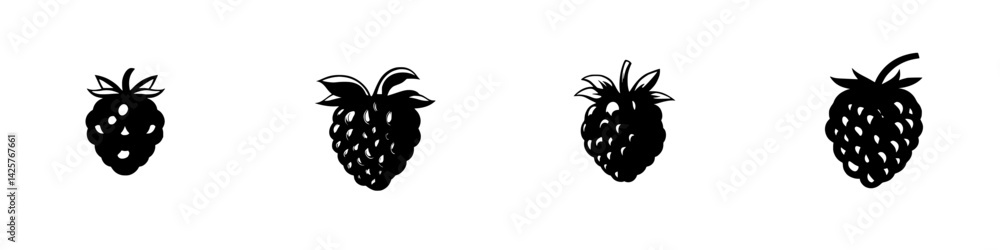 Poster set of black icons depicting various raspberry illustrations in minimalist style for graphic design 
