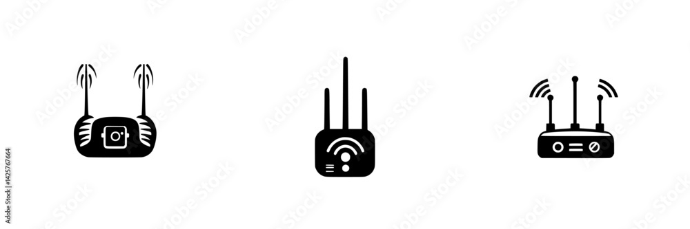 Poster collection of black icons representing various types of wireless routers in a minimalist design