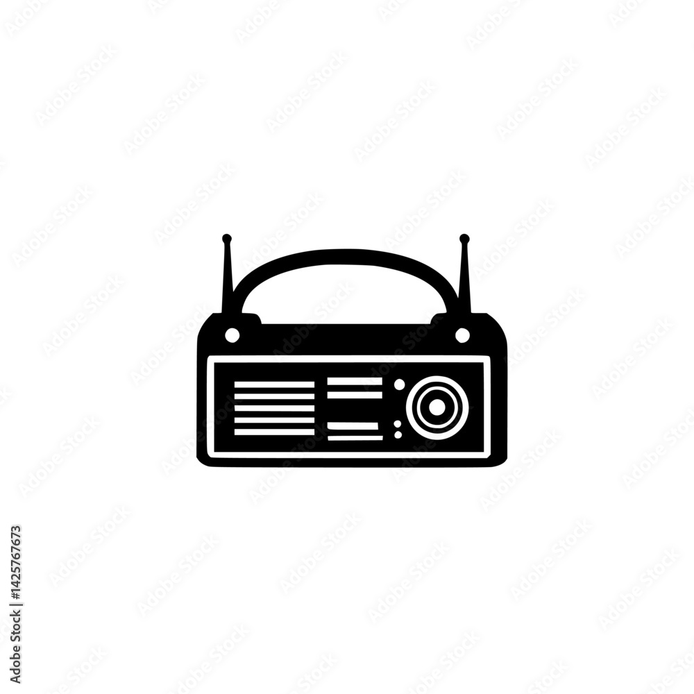 Poster black radio icon symbolizing communication and music in a minimalist design setting