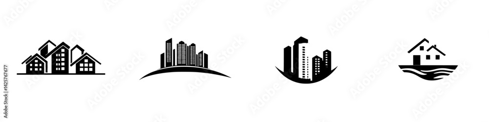 Poster black icons representing various building types in a minimalist design perfect for urban planning pr