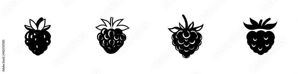 Poster black icon set featuring various raspberry designs in simple and modern style for creative projects