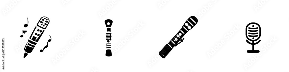 Poster set of black icons representing various musical instruments and sound equipment for creative project
