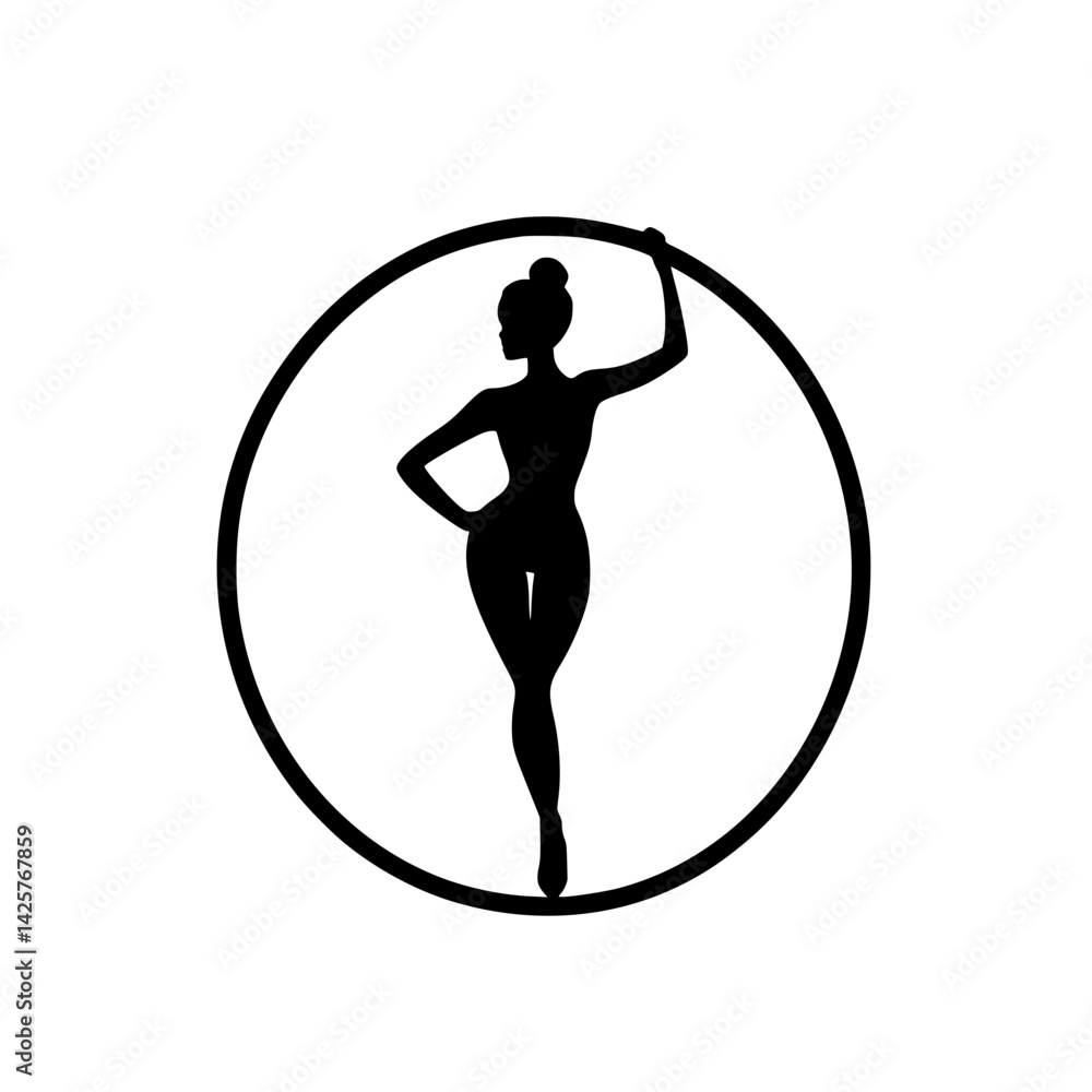 Poster silhouette of a dancer in a circular frame showcasing elegance and strength in a minimalist black ic
