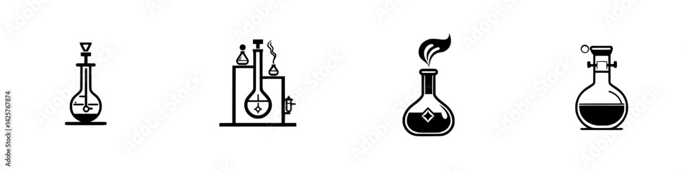 Poster collection of black laboratory icons representing various scientific instruments and experiments in 
