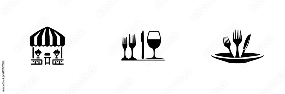 Poster black icons representing dining elements in a simple and elegant design suitable for restaurant or c