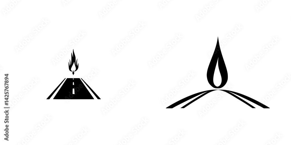 Poster visual representation of black icons depicting flames and a road design, symbolizing elements of fir