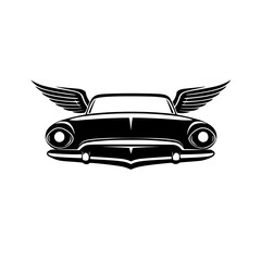 Iconic black car with wings emblem representing speed and freedom