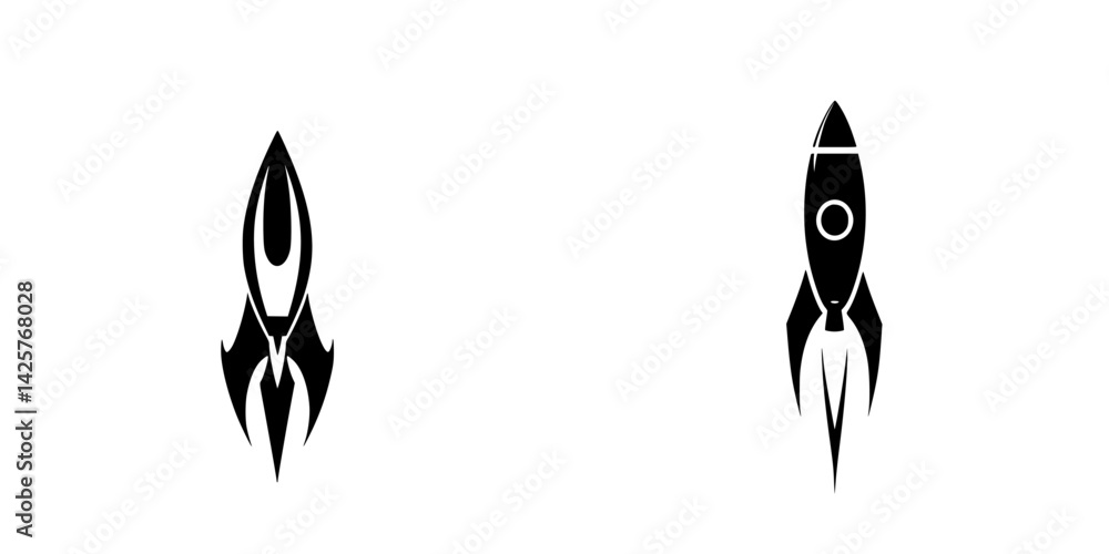 Poster set of black icons showcasing two different rocket designs with sleek lines and distinct shapes for 