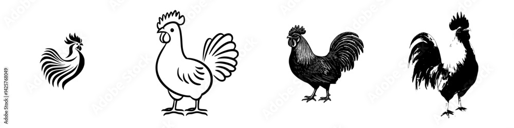 Aufkleber various black icons of chickens showcasing diverse styles and shapes in a minimalistic design suitab