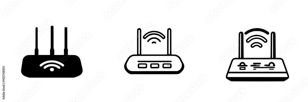 Poster visual representation of black icons depicting various models of wifi routers with distinct designs 