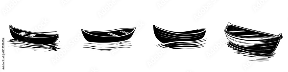 Poster artistic representation of various black icons of boats on water, showcasing different styles and fo