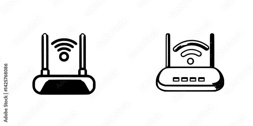 Poster set of black icons representing wireless routers with signal indicators and distinct designs for tec