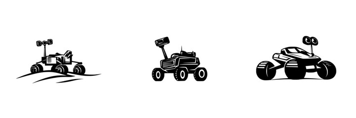 Stylized black icons of rovers in various designs showcasing their functionality and adaptability in exploration