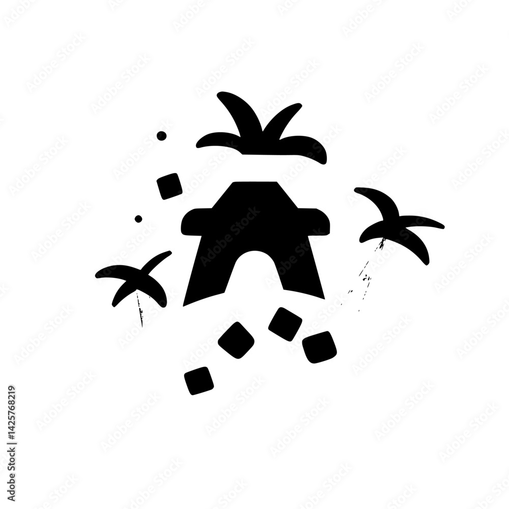Poster black icon representing a tropical island with palm trees and waves in a minimalist design style
