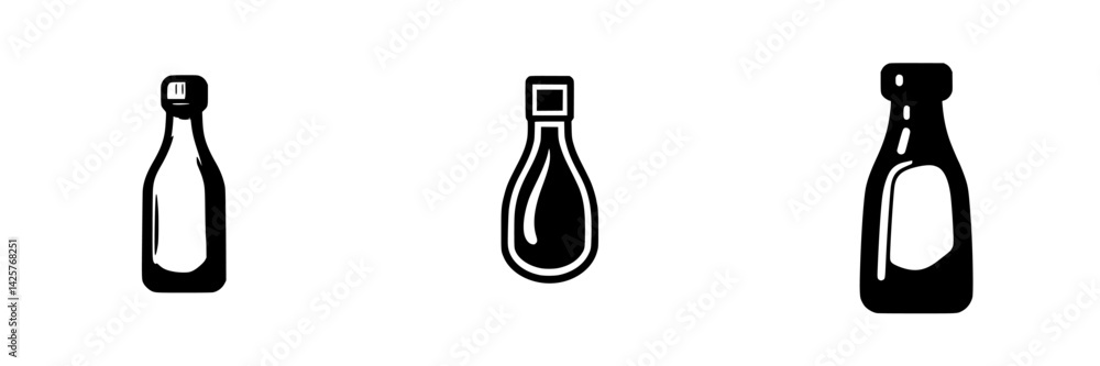 Poster set of black icons depicting various bottle shapes on a white background suitable for design project