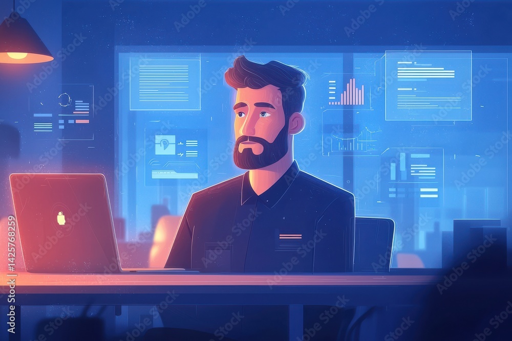 Poster man working on laptop in office surrounded by digital graphs and data visuals