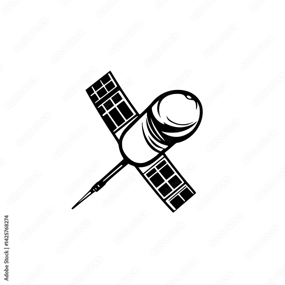 Poster black satellite icon representing communication and technology in a minimalistic style with a modern