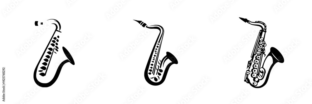 Poster set of black saxophone icons showcasing different designs and styles for graphic use in music-relate