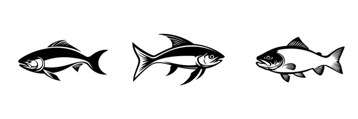 Fototapeta premium Set of black icons depicting various fish silhouettes for design purposes