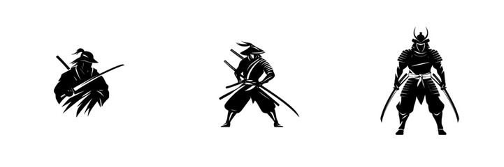 Fototapeta premium Black icon set showcasing three distinct samurai warriors in various poses and stances with swords drawn against a simple backdrop