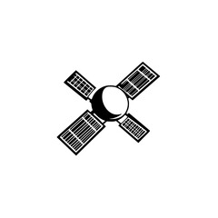 Icon representing a black satellite with solar panels in a minimalist design and stylized appearance