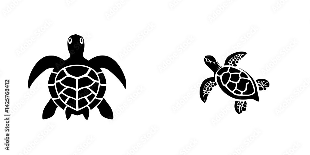 Poster set of black turtle icons depicting two different turtle designs in a minimalist style suitable for 