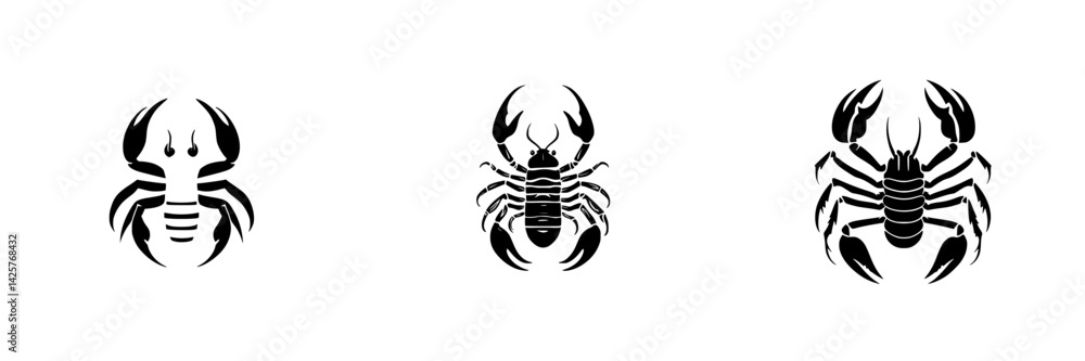 Poster set of black scorpion icons showcasing different styles and designs for use in digital and print med