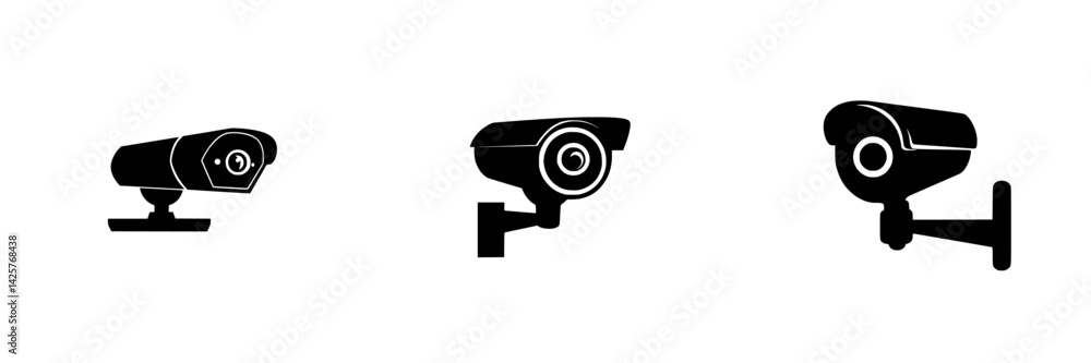 Poster black security camera icons representing surveillance systems for various applications and settings
