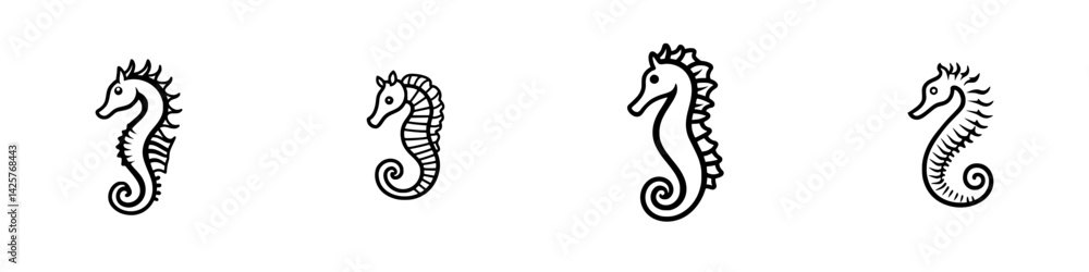 Poster black set of seahorse icons in minimalist design showcasing different poses and styles in a digital 