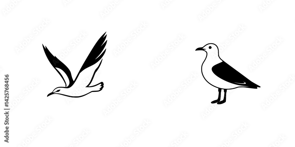 Poster black icon set featuring a flying bird and a standing seagull in minimalist design suitable for vari