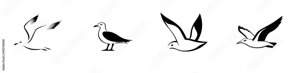 Poster black icon designs of different bird species capturing various airborne and resting positions in sim